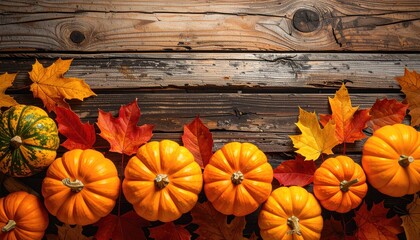Autumn pumpkins and leaves on rustic wood (6)