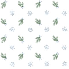 Seamless winter pattern with pine branches, blue bows, berries, and snowflakes on white background.