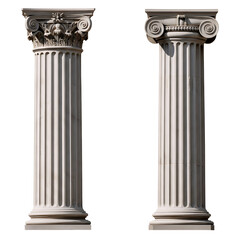 Obraz premium Two ancient ionic columns with ornate capitals isolated on transparent background