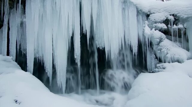 Frozen Serenity: A Winter Waterfall with Icicles Sparkling in the Light's Embrace