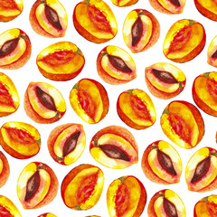 seamless pattern of halved peaches, hand painted watercolor illustration on white background