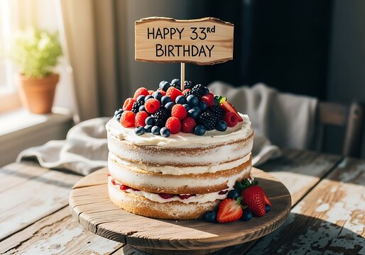 Rustic Naked Cake Decorated with Berries and a Wooden Happy 33rd Birthday Topper, Celebrating Milestones with Sweetness.
