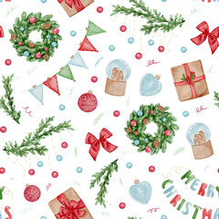 Seamless Christmas Pattern with Wreaths and Gifts. Seamless Christmas pattern with green wreaths, wrapped gifts, red bows, ornaments, snow globes, festive garlands and holiday decorations.
