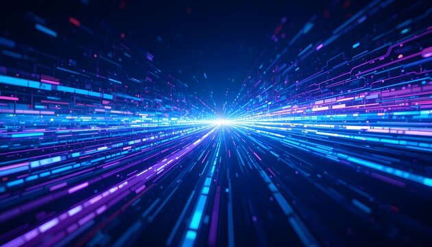 Dynamic data streams converge in a vibrant digital tunnel, representing rapid innovation and cutting-edge technology in a modern, abstract design