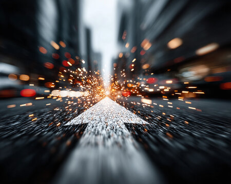 Blurred Cityscape A White Arrow Pointing Forward with Bokeh Lights in Urban Motion