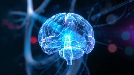 On startup rotating 3D brain model in neural simulation, pulsing glowing points, floating filaments - Powered by Adobe