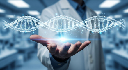 Doctor Holding Glowing Digital DNA Helix Representing Medical Genetic Research
A close-up shot of a doctor or scientist in a white lab coat, holding out their open palm