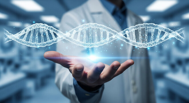 Doctor Holding Glowing Digital DNA Helix Representing Medical Genetic Research
A close-up shot of a doctor or scientist in a white lab coat, holding out their open palm
