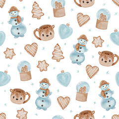 Seamless Christmas Pattern with Snowmen and Cookies. Seamless Christmas pattern with snowmen, gingerbread cookies, snow globes, blue ornaments, heart shapes and festive mugs on white background.