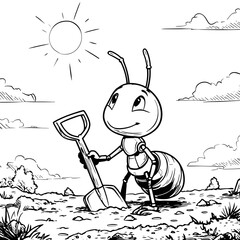 Cute ant with a shovel coloring page