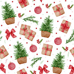 Holiday Wrapping Paper Pattern with Evergreen and Gifts. Pattern with green pine trees in baskets, wrapped gifts with red bows, red ornaments and festive decorations.