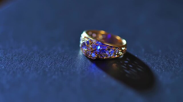 Close-up of a gold ring with colorful gems on a dark surface