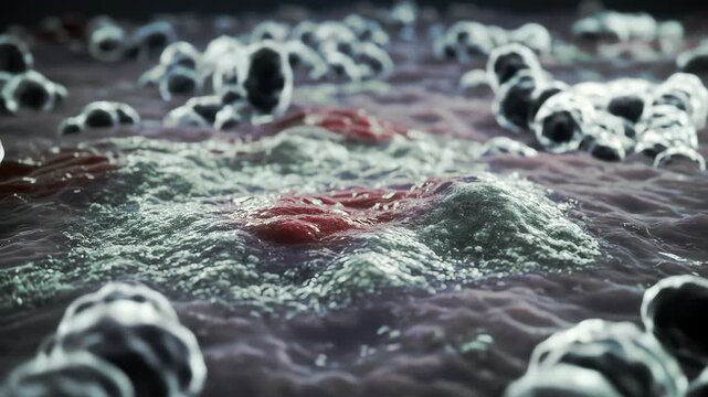 human lungs showing influenza infection, inflamed alveoli, mucus build-up, red and irritated tissue