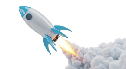 Isolated rocket launch, startup concept with skyrocket and flames, cosmic journey, modern style