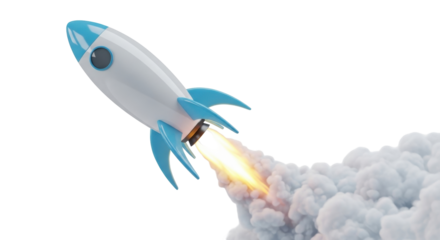 Isolated rocket launch, startup concept with skyrocket and flames, cosmic journey, modern style