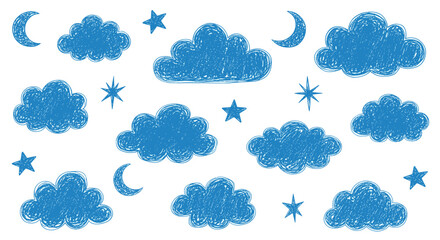 Fototapeta premium A whimsical collection of blue clouds stars and crescent moons suggesting a peaceful night sky scene.