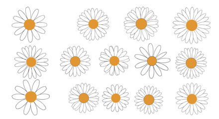 A collection of sixteen stylized white daisies with yellow centers arranged in three rows against a white background.