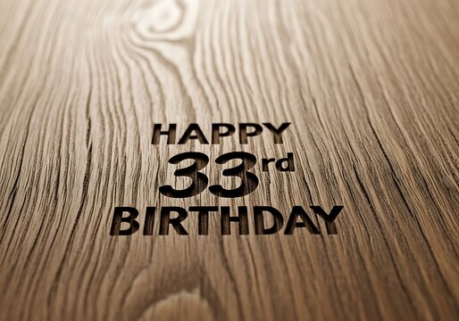 Happy 33rd Birthday Carved into Smooth Wood Grain, Soft Focus and Subtle Lighting for an Elegant and Warm Celebration Message.