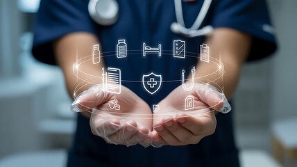 Healthcare icons floating above gloved hands medical