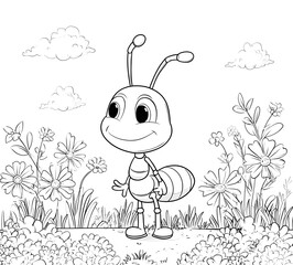 Cute ant in the garden coloring page