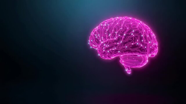 Starting neon pink brain hologram rotating, pulsing in dark void to simulate signals, copy space
