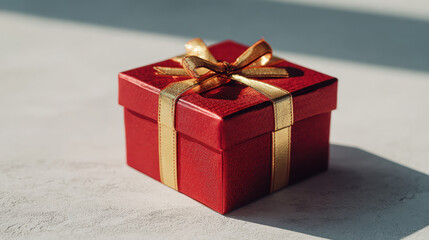 Fototapeta premium Red gift box with golden ribbon and bow in sunlight on textured surface