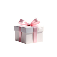 Obraz premium White elegant gift box with baby pink bow, romantic mood, soft studio lights 