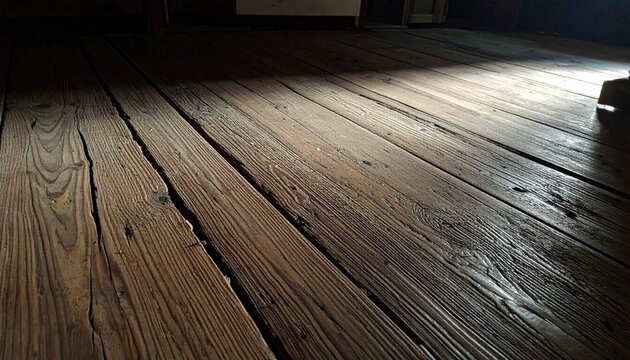 Close-up of aged wooden floorboards, sunlight streaming across