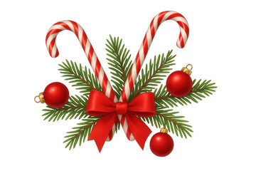 Christmas candy canes with spruce branch, red bow, and bauble ornaments, festive holiday symbol