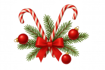 Christmas candy canes with spruce branch, red bow, and bauble ornaments, festive holiday symbol