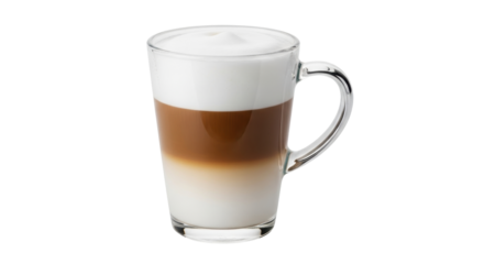 Isolated layered latte in clear glass mug, refreshing coffee beverage with milk and foam