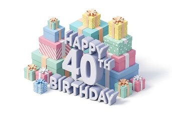 Fototapeta premium Happy 40th Birthday 3D Text with Stacked Pastel Gift Boxes on White Background, Isometric View