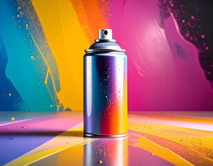 A can of spray paint with a vibrant, rainbow-colored abstract design, on a colorful, splattered background. A concept for graffiti and street art. Generative AI