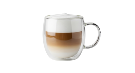 Isolated layered latte in glass mug on plain background featuring three separate layers