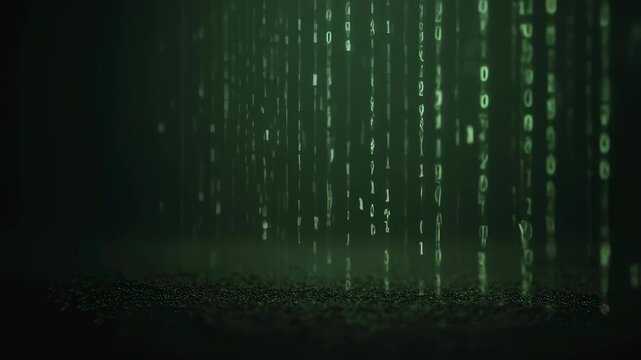 Digital rain of green binary code or numbers falling on a textured surface, depicting data streaming or computer technology footage.