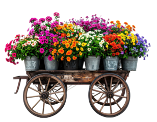 Colorful flowers overflowing from vintage buckets on a wooden cart