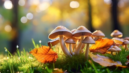 Group Of Forest Mushrooms Glistening With Morning Dew Stands Amidst Vibrant Green Grass And Fallen Autumn Leaves In A Scene Of Natural Magic