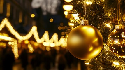 Crowded walking street filled with joyful people, stalls decorated with glowing lights and ornaments