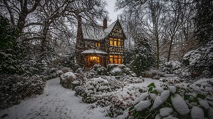 Cozy snowy house glowing warmly, soft light shining through windows during cold winter night