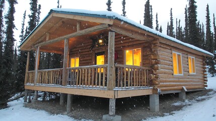 Cozy winter log cabin under snow cover, warm yellow light radiating from windows against cold backdrop