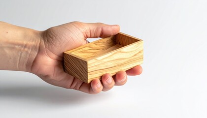 Light-colored wooden box held in a hand