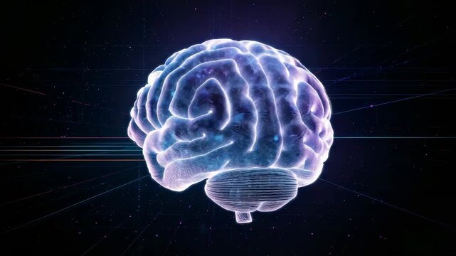 Powering holographic brain rotating toward front view in space, with neon streaks and particles