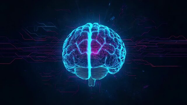 Materializing neon blue wireframe brain pulsing core across void, with streaming magenta cyan data