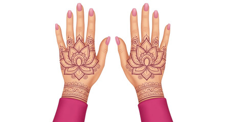 Fototapeta premium Isolated lotus mehndi design, hands with pink nails, henna tattoo art, painted hand details