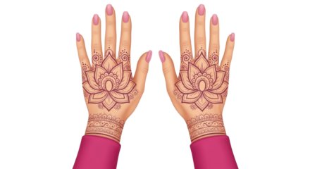 Isolated lotus mehndi design, hands with pink nails, henna tattoo art, painted hand details