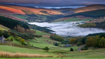 Peaceful valley view at sunrise, soft mist and warm golden hues filling landscape
