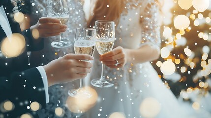 Parents and children lifting glasses together, celebration atmosphere glowing with warm light