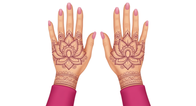 Isolated lotus mehndi design, hands with pink nails, henna tattoo art, painted hand details