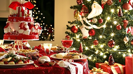 Family dinner scene with traditional meals served, warm holiday glow filling decorated table