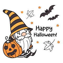 Cute Halloween Gnome with Pumpkin and Bats